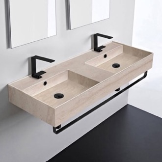 Bathroom Sink Beige Travertine Design Ceramic Wall Mounted Double Sink With Matte Black Towel Holder Scarabeo 5143-E-TB-BLK